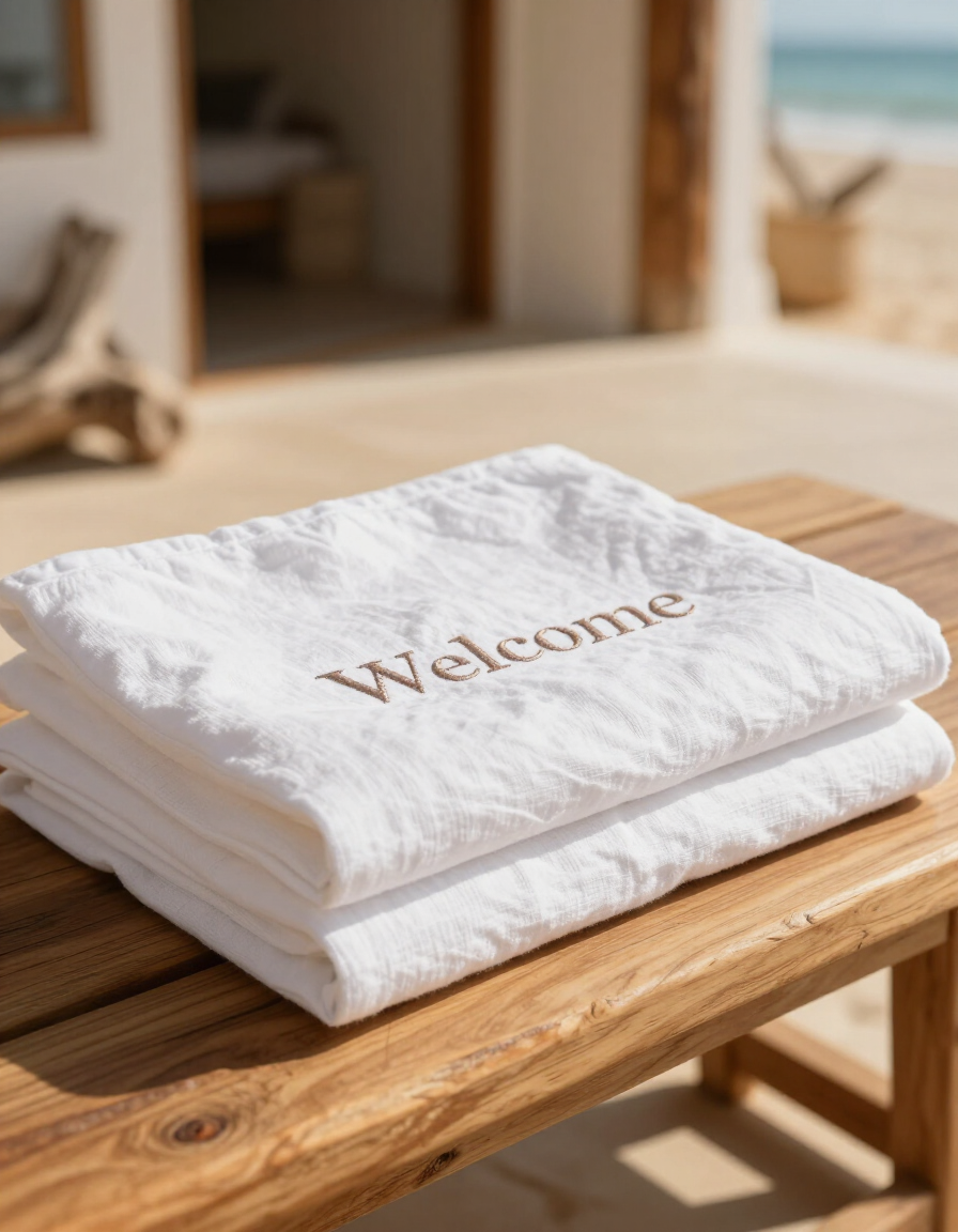 Folded linen and welcome details on a timber bench