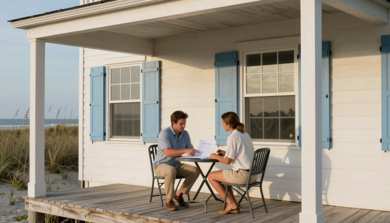 Beach house rental property manager discussing paperwork