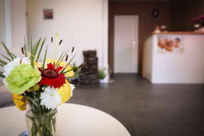 Une personne reçoit un massage du dos, en extérieur. Le thérapeute utilise ses mains jointes pour appliquer une pression.