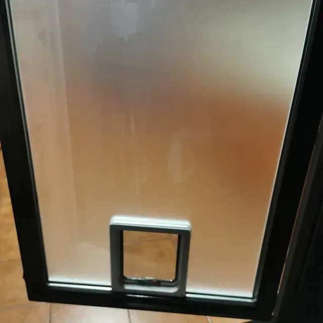 Una puerta de vidrio con una puerta para gatos.