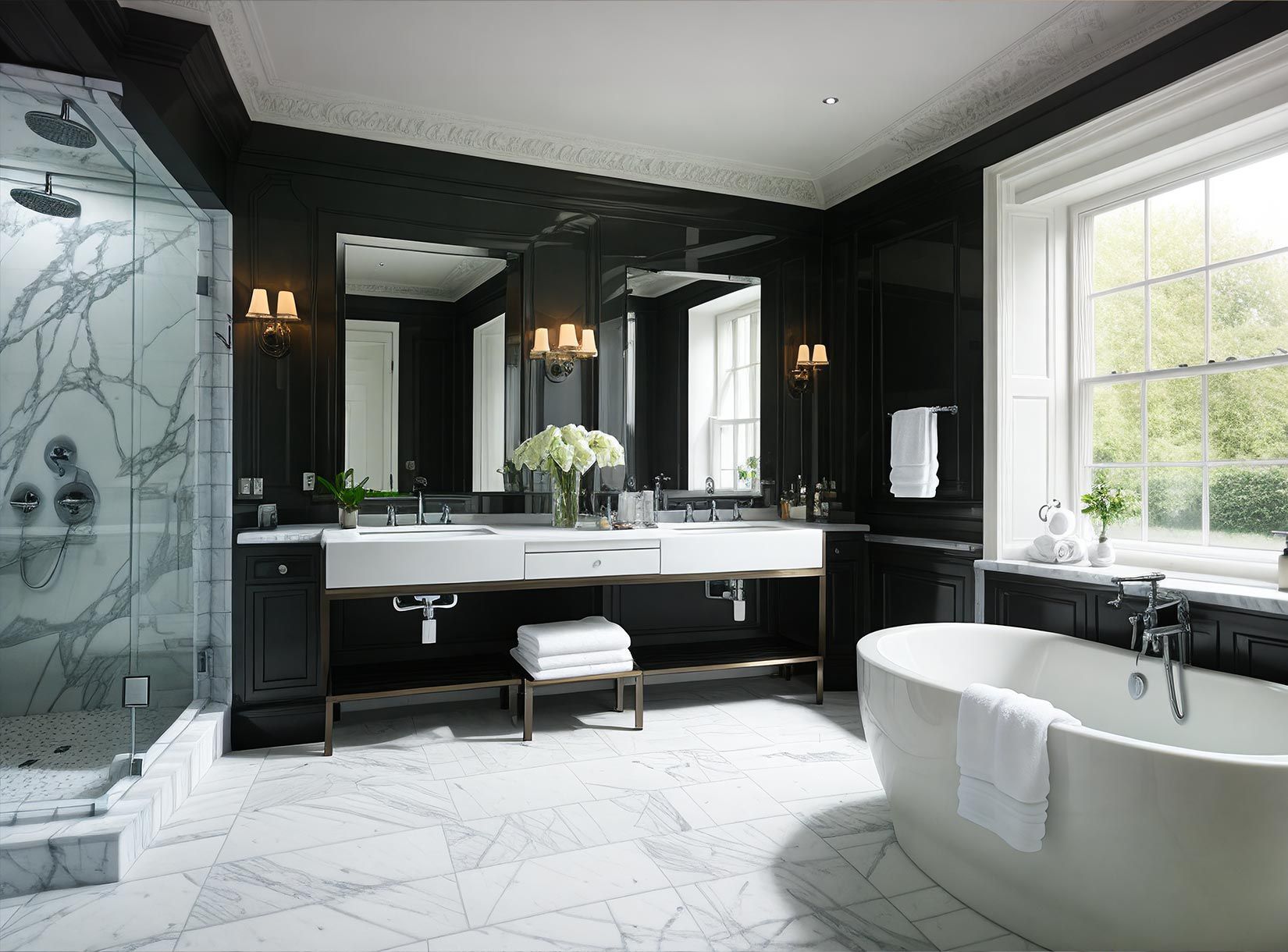 Salle de bains avec un carrelage imitation marbre