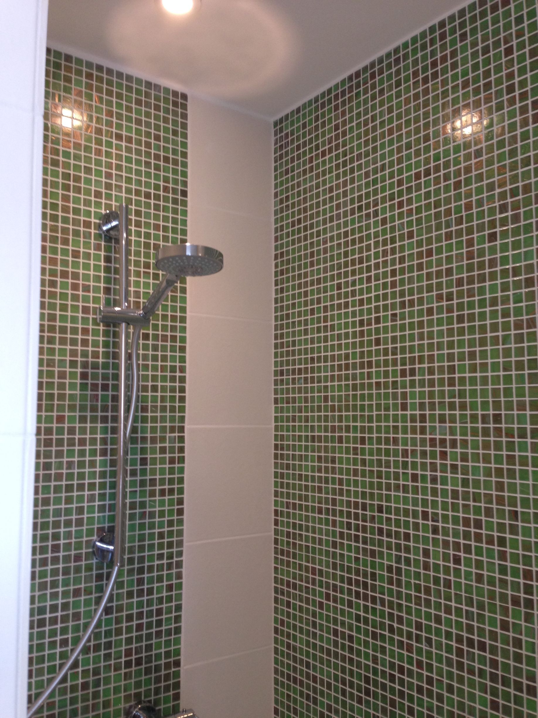 Cabine de douche avec murs en mosaïque verte, pommeau de douche argenté et plafond blanc avec éclairage.