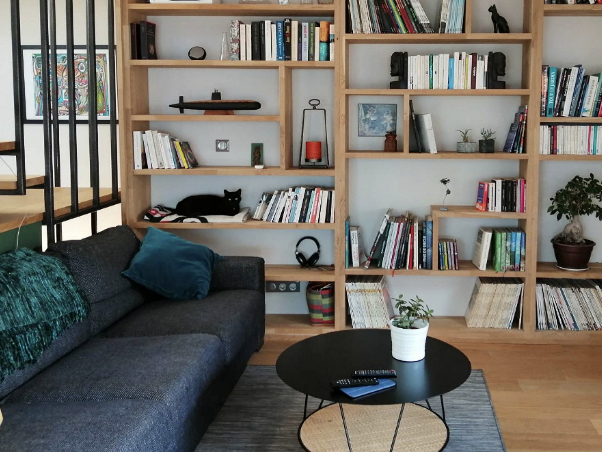 Salon avec canapé gris, table basse noire, bibliothèque intégrée et un chat noir.