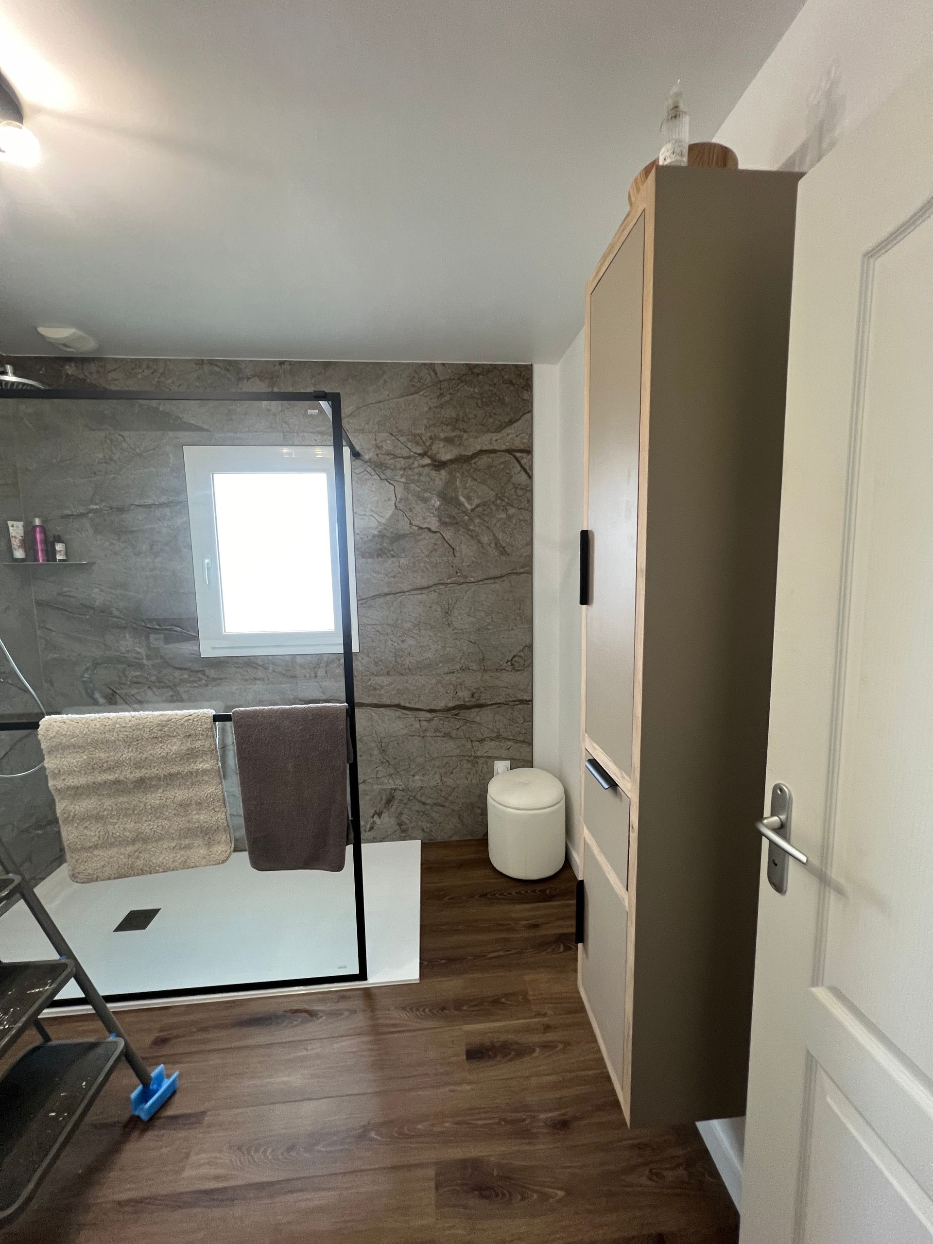 Salle de bains avec douche, meuble de rangement et porte ouverte. Tons bruns et blancs.