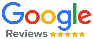 Un logotipo de revisión de Google con cinco estrellas sobre un fondo blanco.