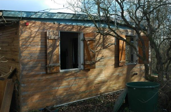 Abri de jardin en bois avec fenêtres et volets ouverts, situé dans une cour.