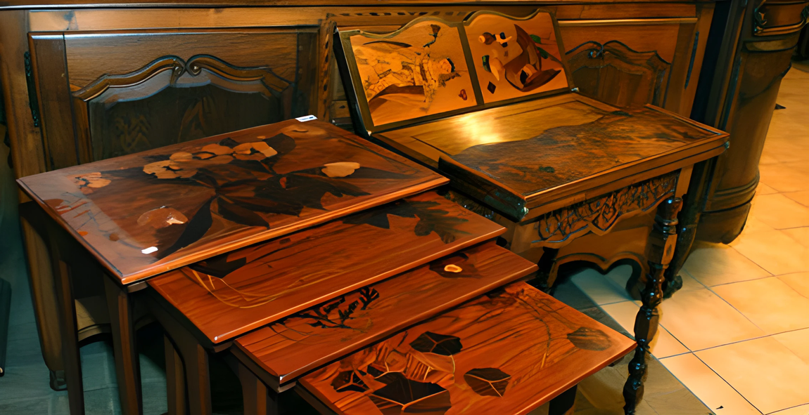 Des tables gigognes en bois et un bureau orné de motifs floraux et paysagers incrustés.