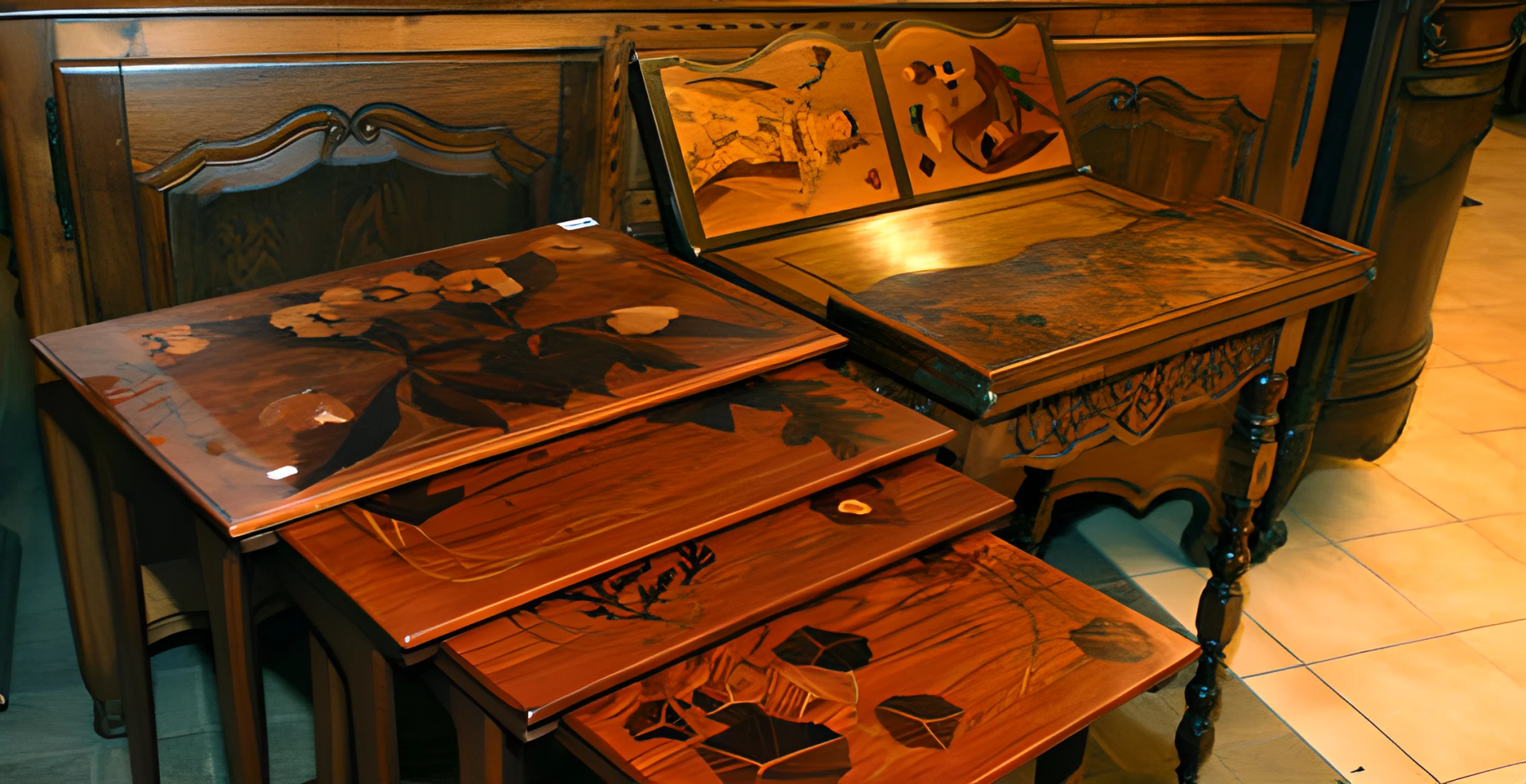 Des tables gigognes en bois et un bureau orné de motifs floraux et paysagers incrustés.