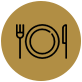 Icône représentant une fourchette, une assiette et un couteau sur un cercle doré, symbolisant la nourriture ou les repas.