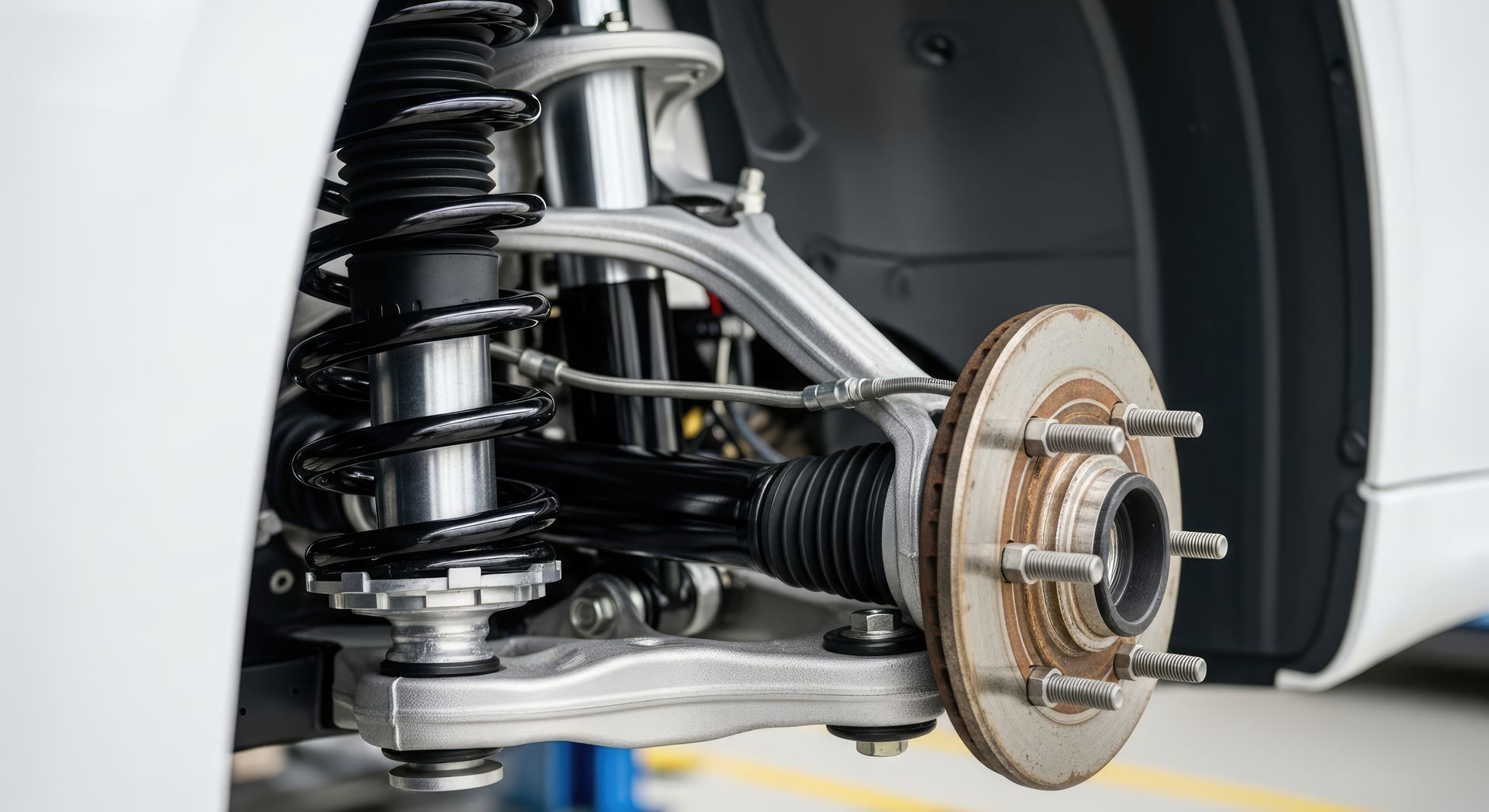 Gros plan sur la suspension avant et le moyeu de roue d'une voiture, avec un ressort hélicoïdal et un amortisseur.