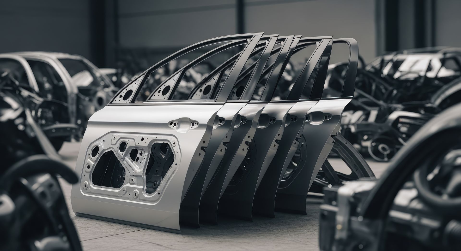 Une rangée de cadres de portières de voiture argentés métalliques, inachevés, alignés dans un environnement d'usine.