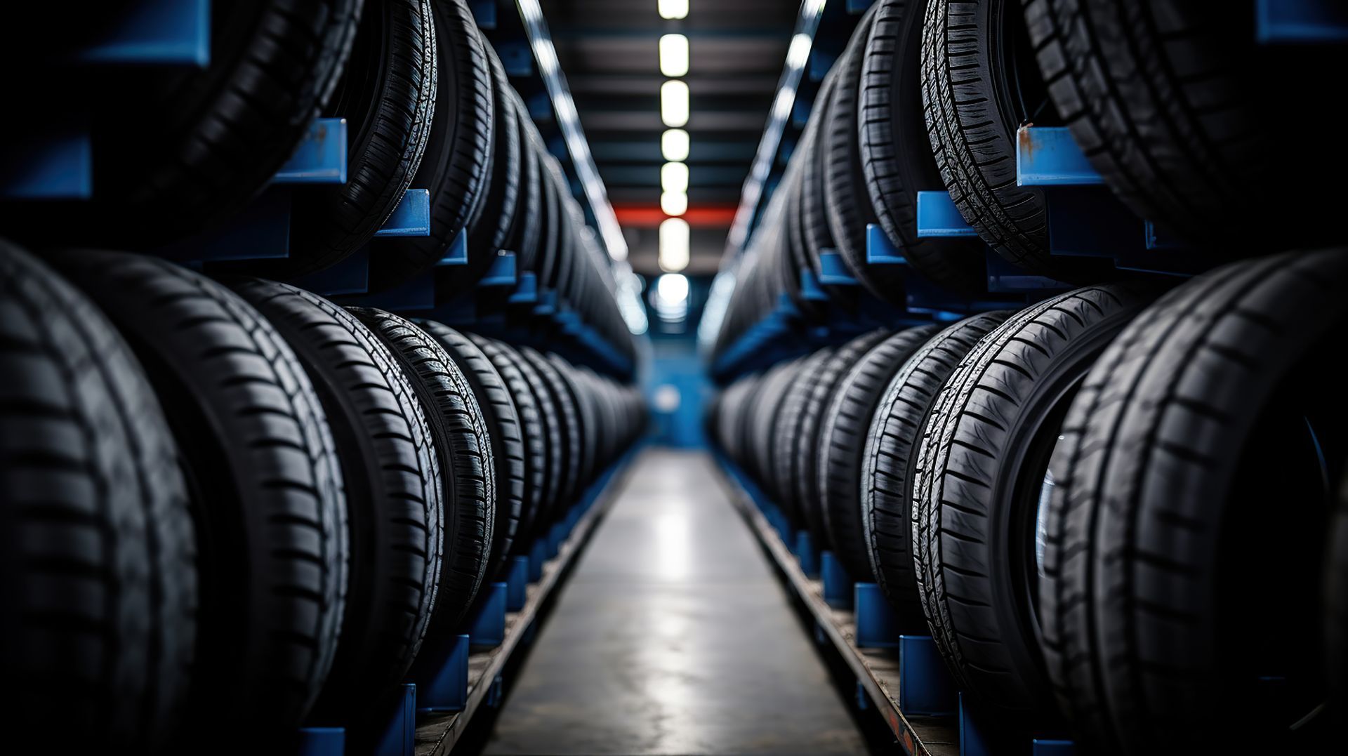 Des rangées de pneus de voiture noirs sont rangées sur des étagères de stockage dans un entrepôt avec une allée centrale.