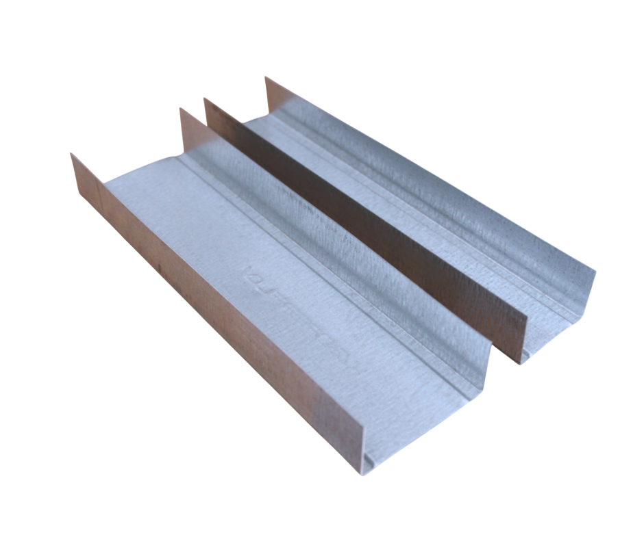 Componente de estrutura metálica para construção de drywall, na cor prata, com design ondulado.