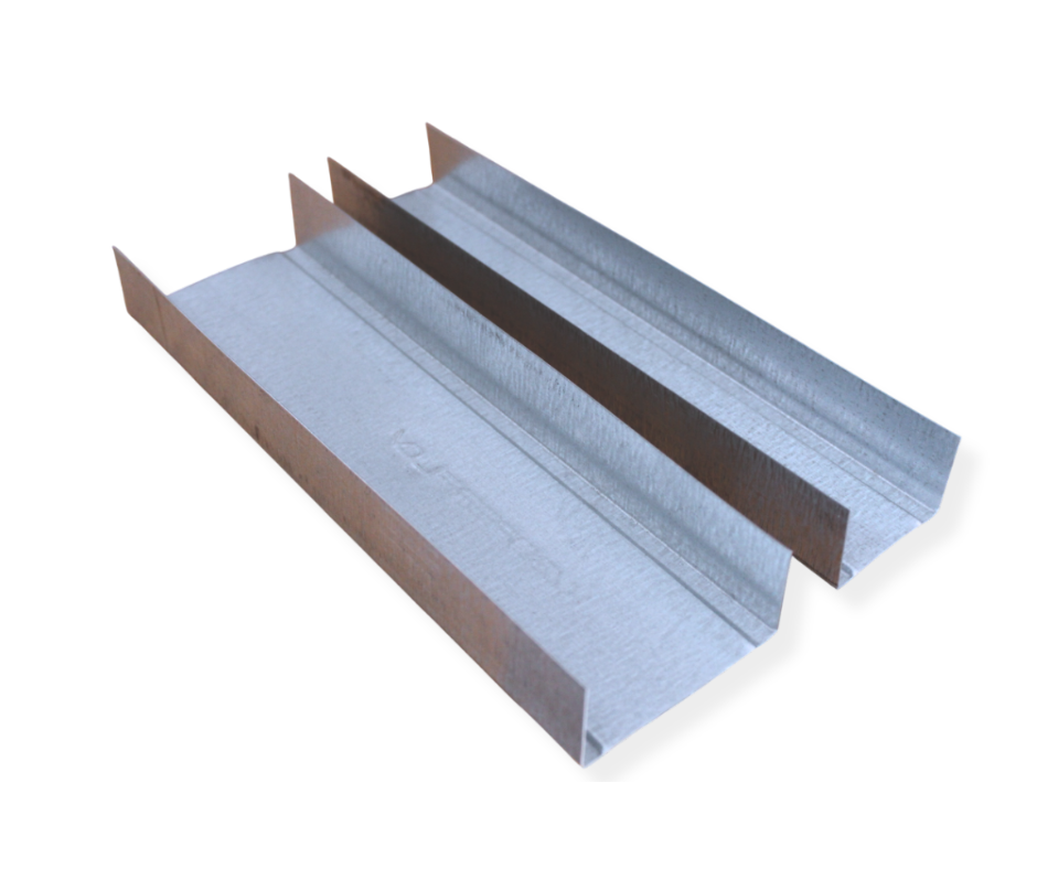 Dois perfis metálicos galvanizados em forma de U com bordas marrons, dispostos lado a lado sobre um fundo branco.