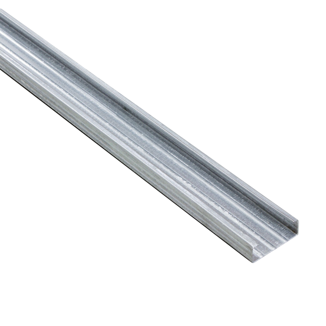 Trilho de metal, provavelmente para drywall ou construção, com um canal em formato de U.
