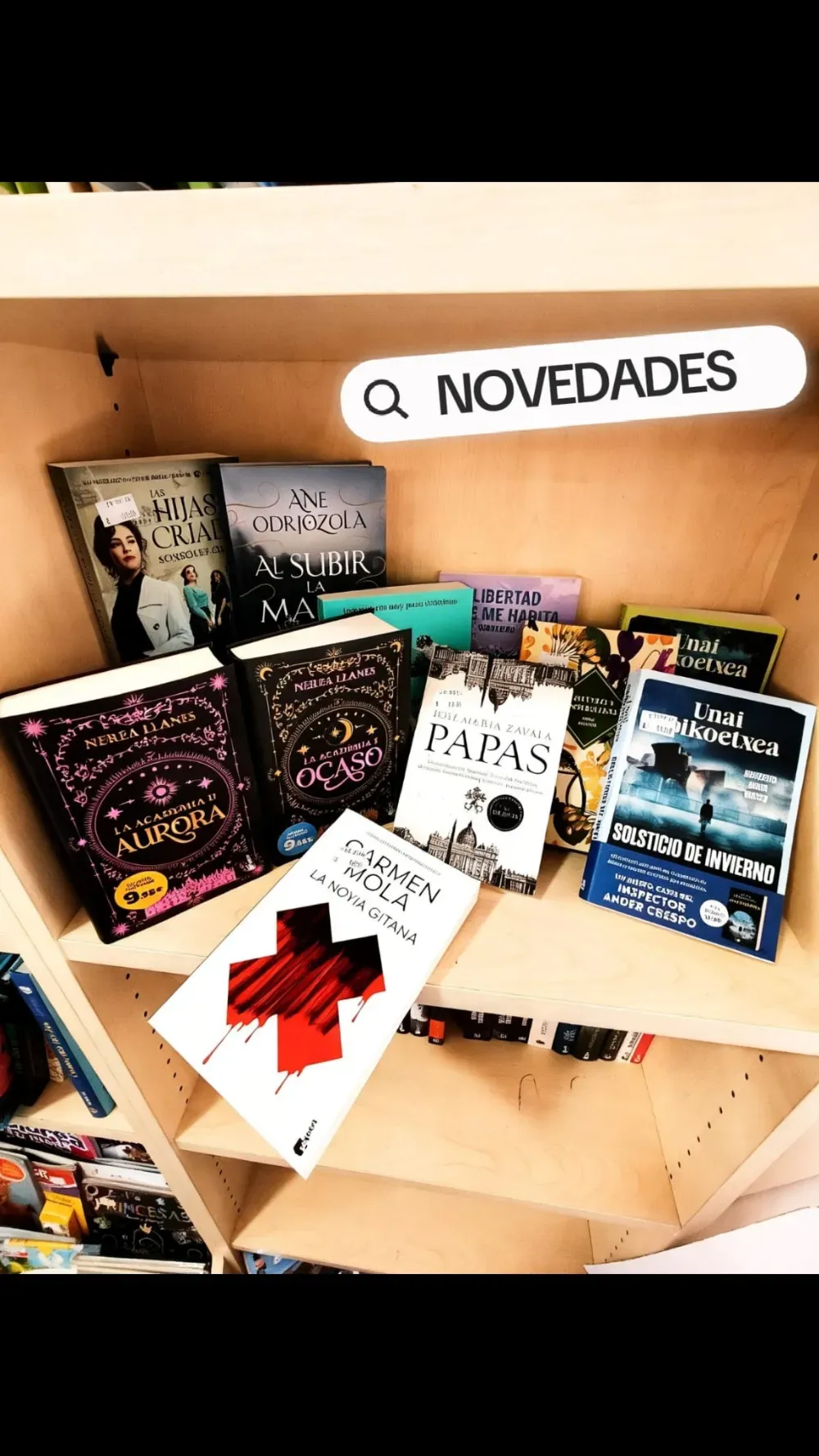 Libros expuestos en una estantería de madera bajo un letrero que dice «NOVEDADES», con portadas coloridas