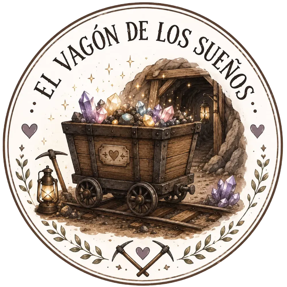 Logotipo ilustrado de un carro de ensue&ntilde;o en una insignia redonda con texto en espa&ntilde;ol, cristales, un farol y la entrada de una cueva