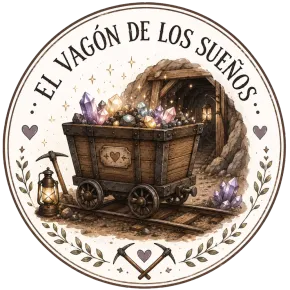 Logotipo ilustrado de un carro de ensue&ntilde;o en una insignia redonda con texto en espa&ntilde;ol, cristales, un farol y la entrada de una cueva