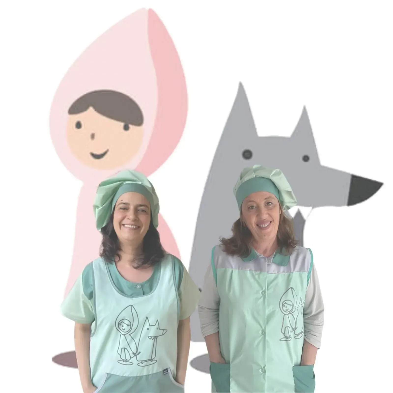 Dos mujeres con delantales y sombreros verdes, sonriendo, con siluetas de dibujos animados de Caperucita Roja y lobo.