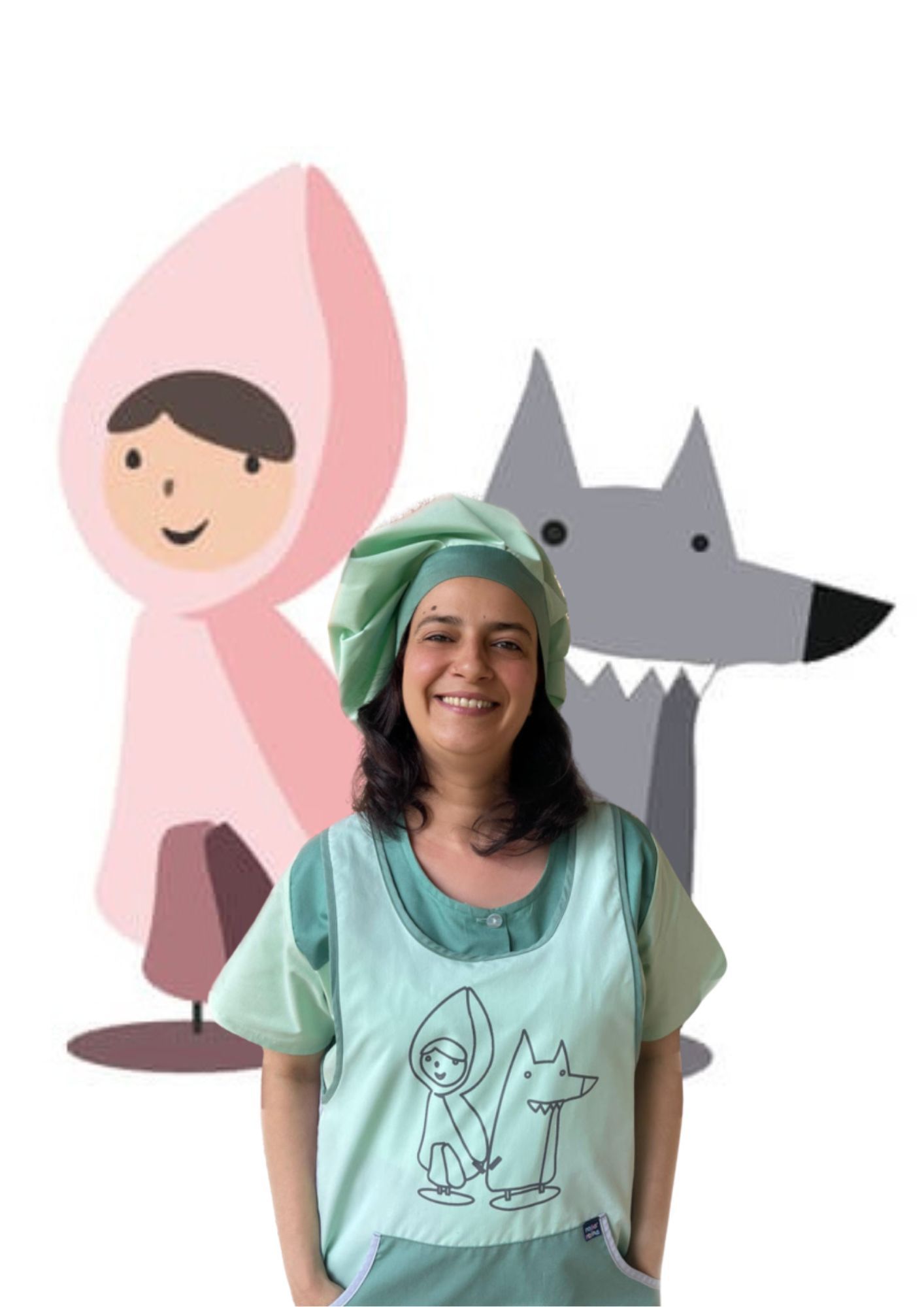 Una mujer con un delantal y un sombrero verdes sonríe, con imágenes de dibujos animados de Caperucita Rosa