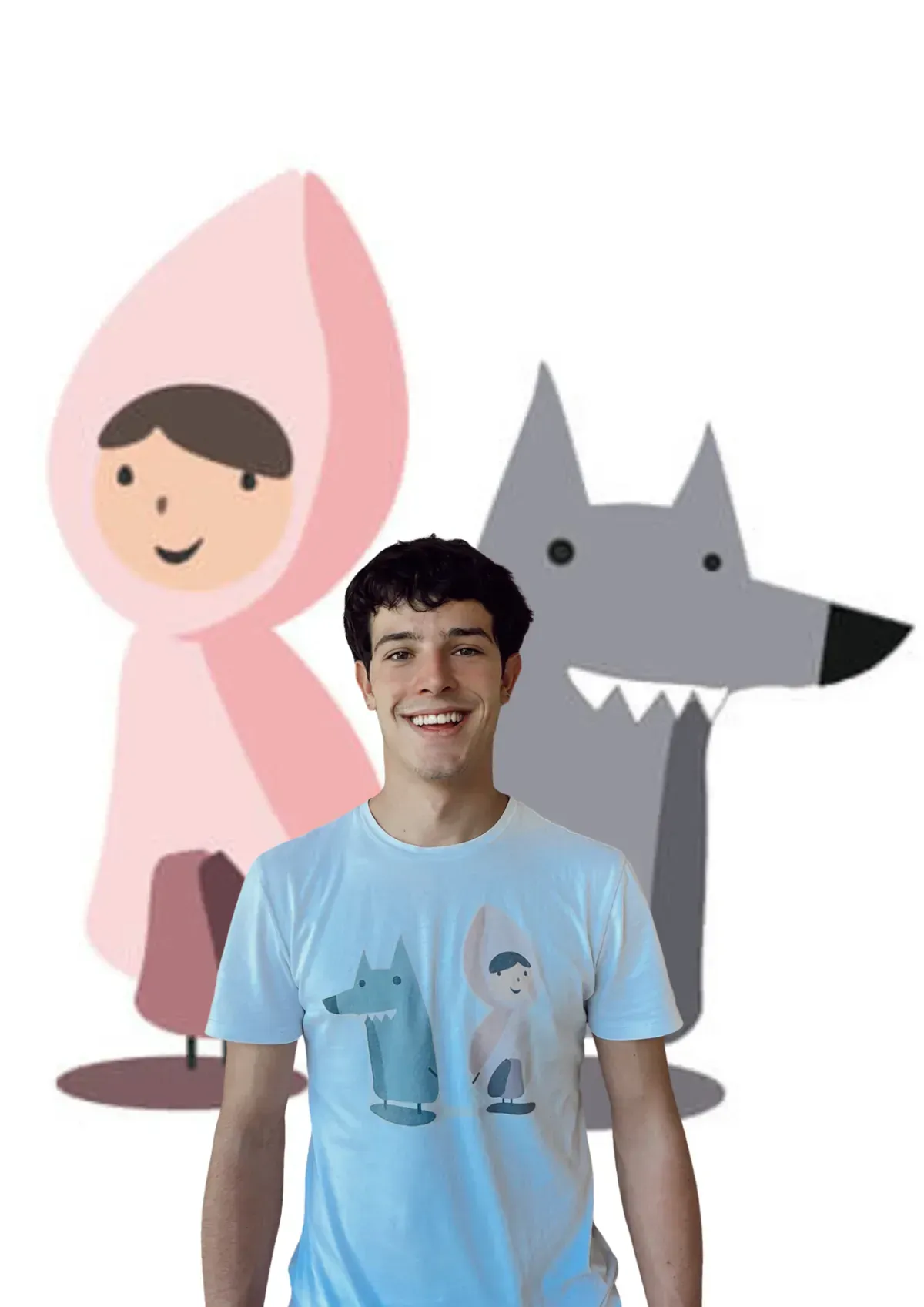 Mujer con un delantal de Caperucita Roja, con versiones de dibujos animados de la niña y el lobo detrás de ella.