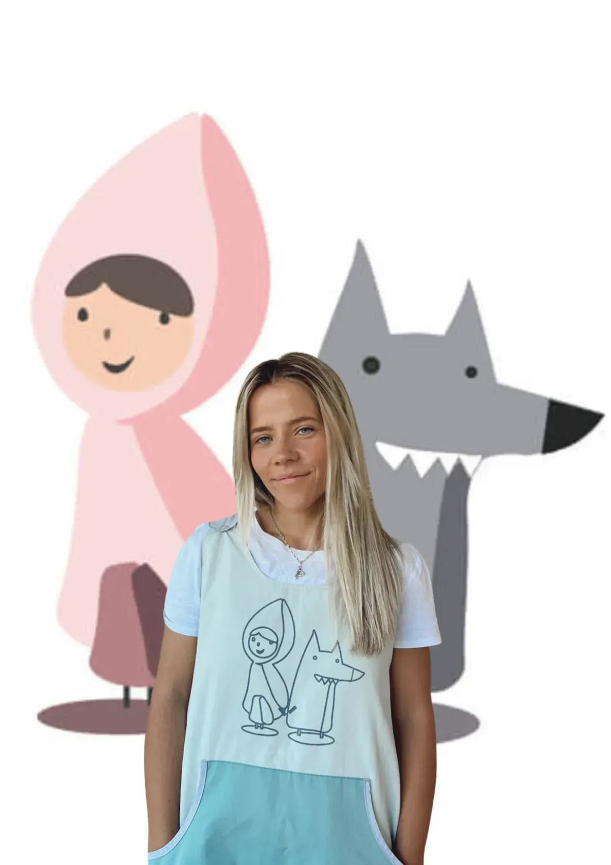 Mujer con un delantal de Caperucita Roja, con versiones de dibujos animados de la niña y el lobo detrás de ella.