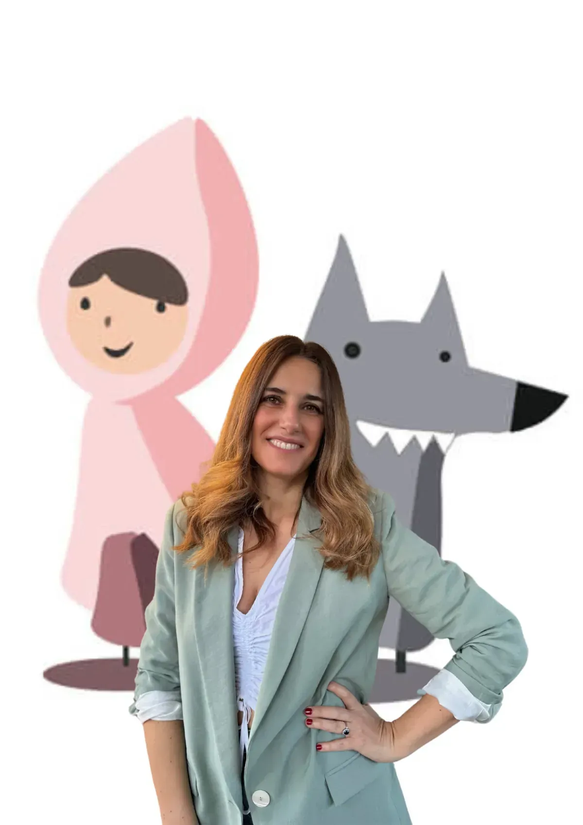 Mujer frente a una ilustración de Caperucita Roja y un lobo. Lleva una camiseta con dibujos similares.