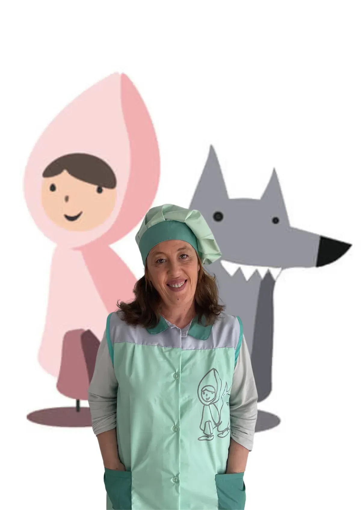 Mujer con delantal con gráficos de Caperucita Roja y lobo, personajes de dibujos animados de fondo.