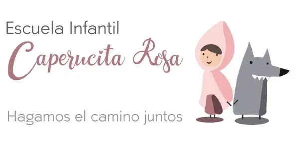 Logotipo para el preescolar "Caperucita Rosa", con Caperucita Roja y el lobo tomados de la mano.