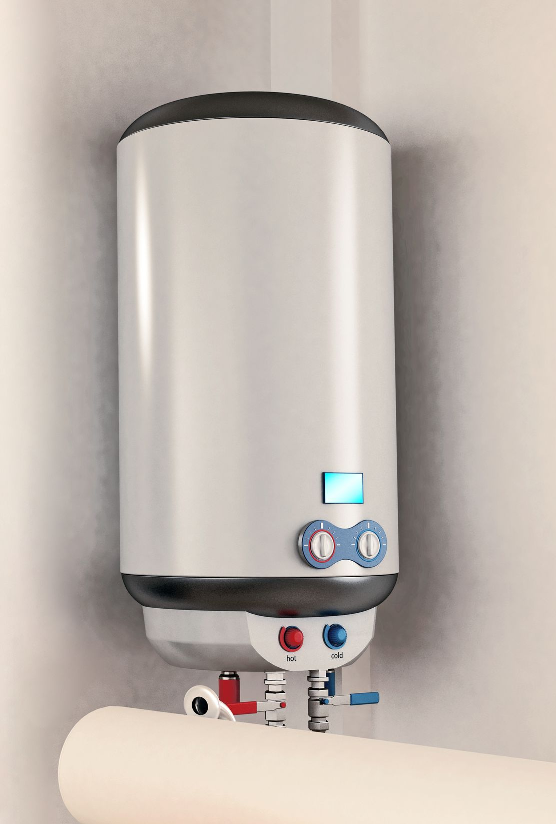 Chauffe-eau électrique mural avec vannes rouges et bleues et tuyaux de raccordement.