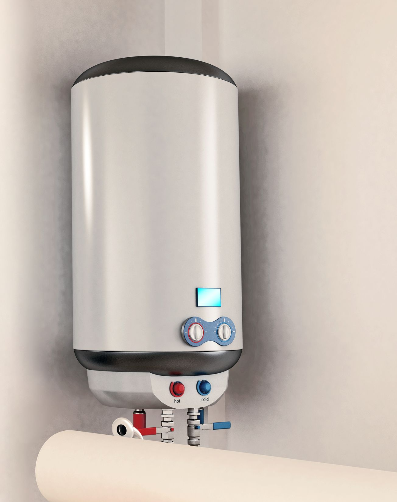 Chauffe-eau blanc mural avec tuyaux bleus et rouges et affichage numérique.