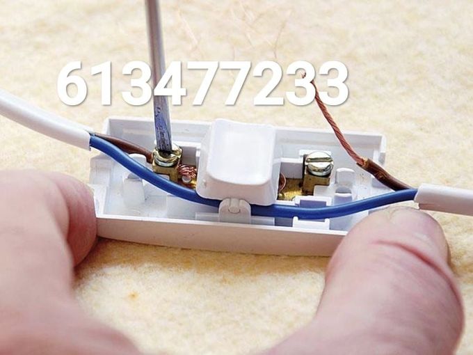 Primer plano de un pequeño conector eléctrico con cables azules y marrones sostenido entre los dedos.