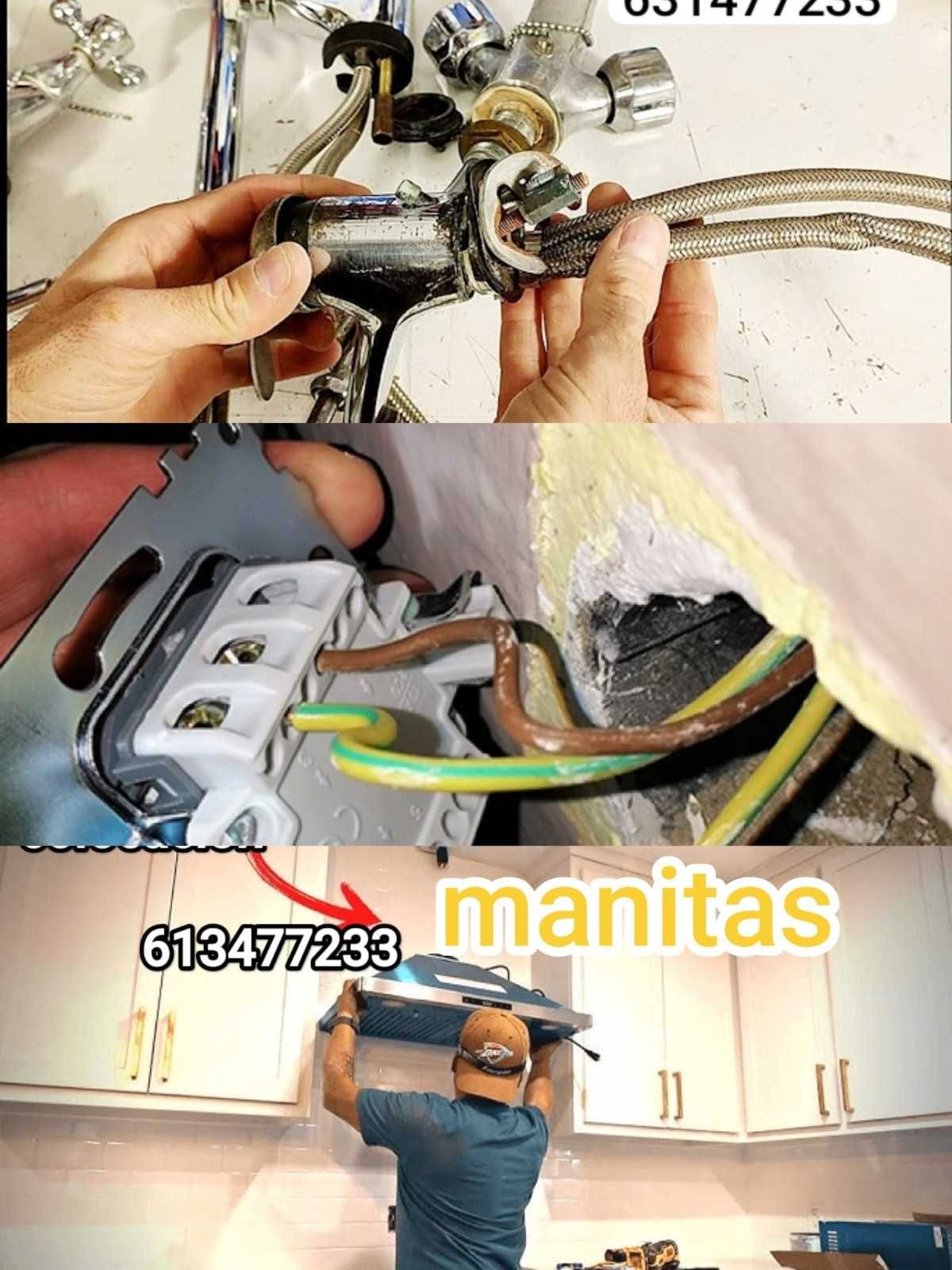 Collage de tres paneles que muestra a un electricista reparando el cableado