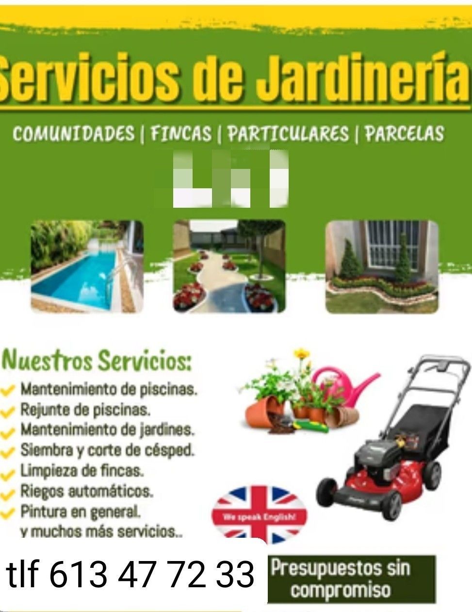 Publicidad verde de servicios de jardinería con lista de tareas, imágenes de jardín y teléfono de contacto.
