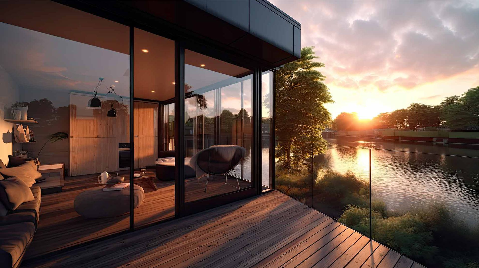 Künstlerische Darstellung eines modernen Hauses mit Blick auf einen See bei Sonnenuntergang.