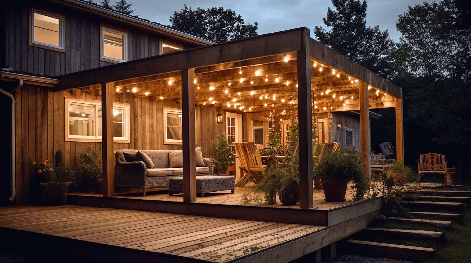Ein Holzhaus mit einer Veranda, die nachts beleuchtet ist.