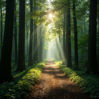 Chemin éclairé dans la forêt