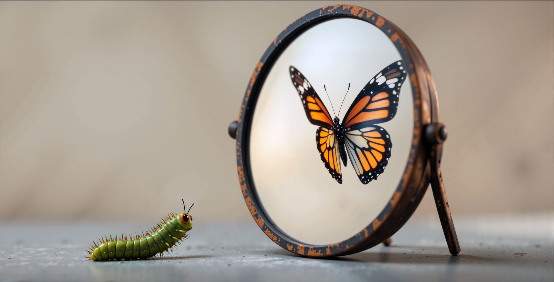 Chenille devant un miroir avec reflet d'un papillon