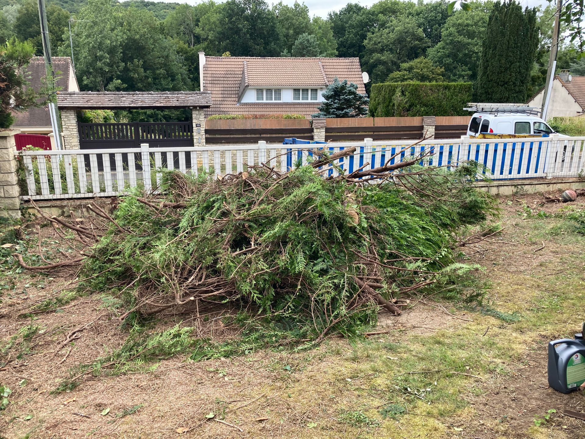 Un tas de branches vertes et de débris jonche une cour, avec une maison et une clôture en arrière-plan.