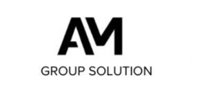 Logotipo de AM Group Solution: letras estilizadas negras "AM" sobre el texto "GROUP SOLUTION".