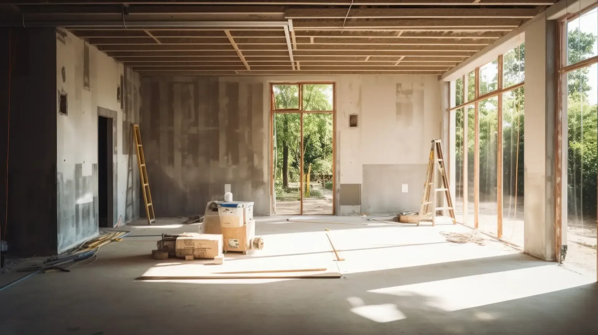 Interior de una habitación en construcción, con vigas de madera, paredes de hormigón y grandes ventanales.