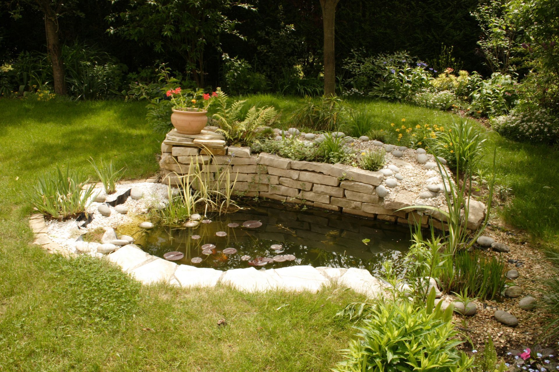 Bassin dans un jardin avec muret en pierres