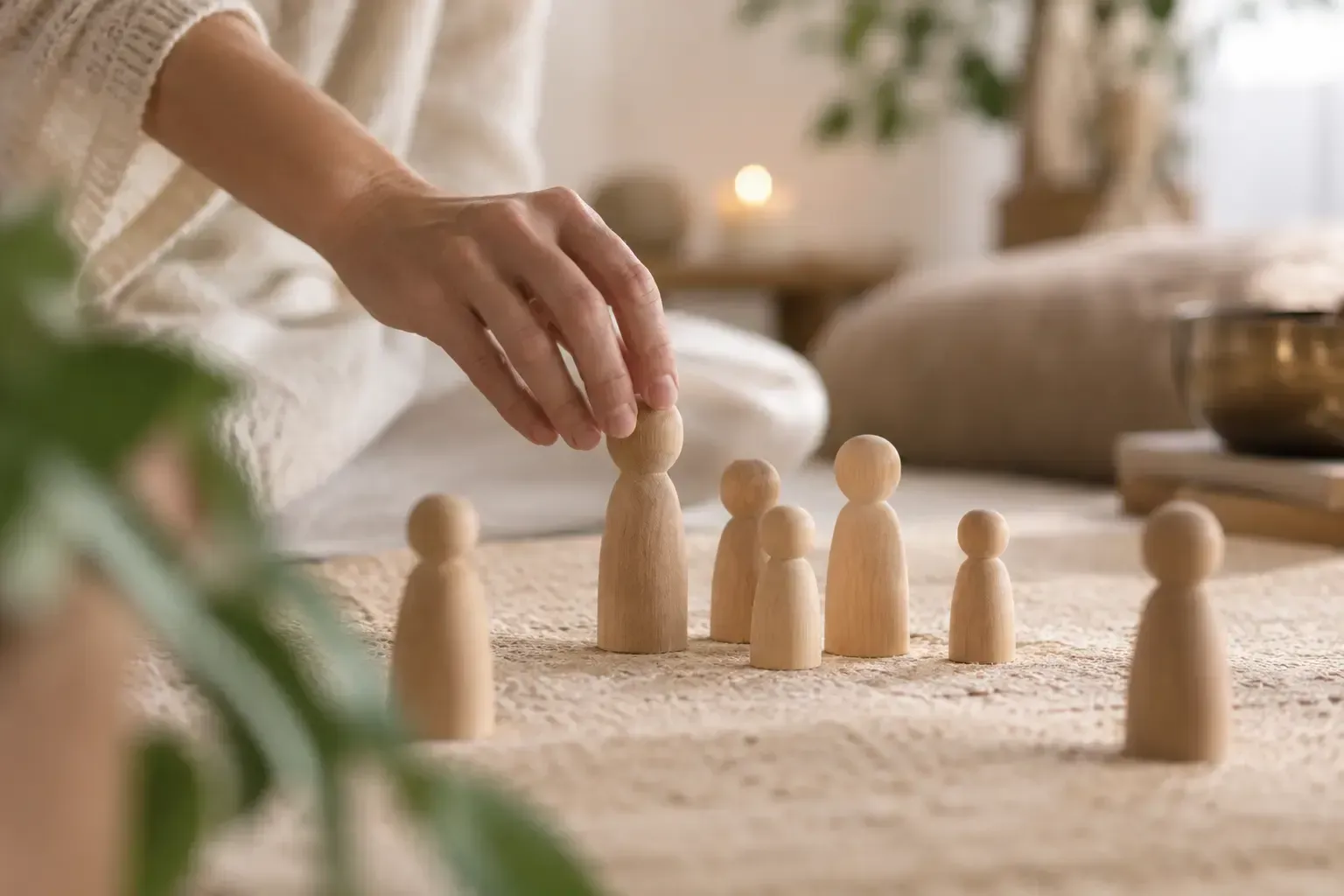 Figuras de madera representando v&iacute;nculos en una sesi&oacute;n de constelaciones familiares