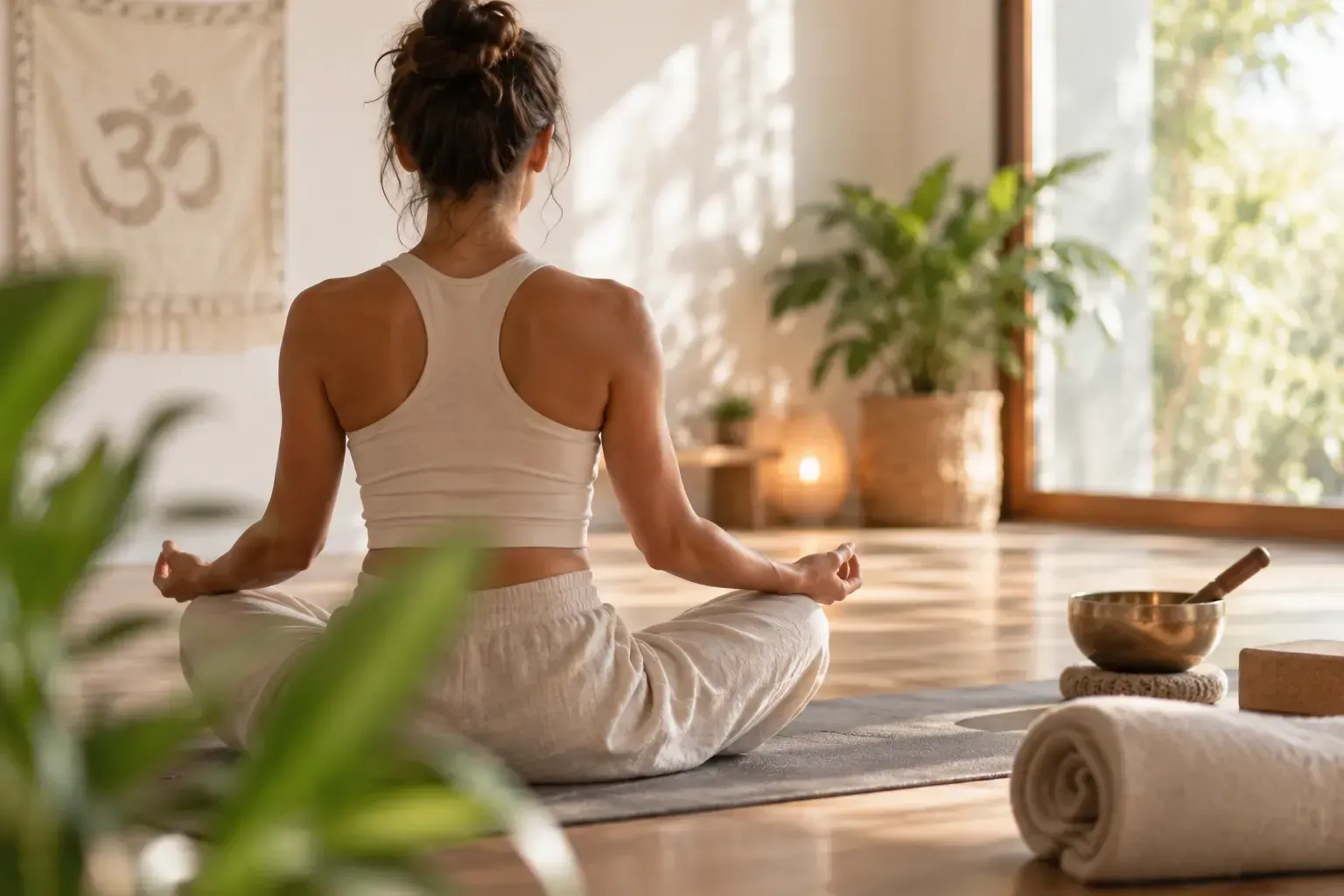 Mujer practicando Yoga Kundalini sentada sobre una esterilla en un espacio tranquilo