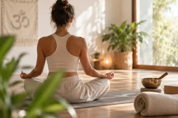 Una persona medita sobre una esterilla de yoga en un estudio soleado con plantas y un cuenco tibetano.