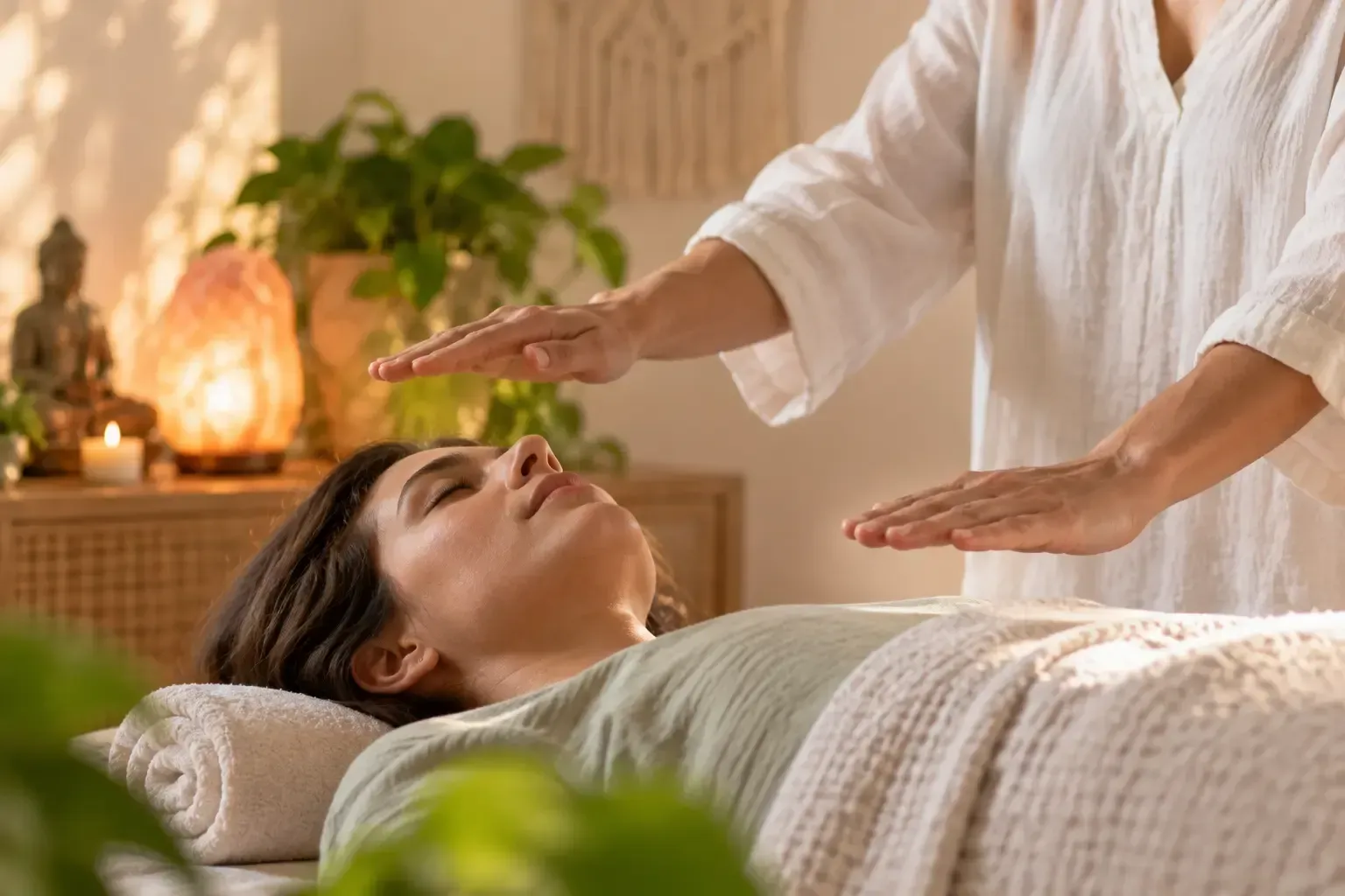 Profesional realizando una sesión de Reiki a una persona tumbada en un ambiente relajado