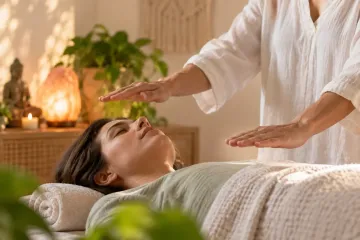 Mujer recibiendo un relajante tratamiento de reiki en una camilla de masaje en una sala de spa con iluminación tenue.