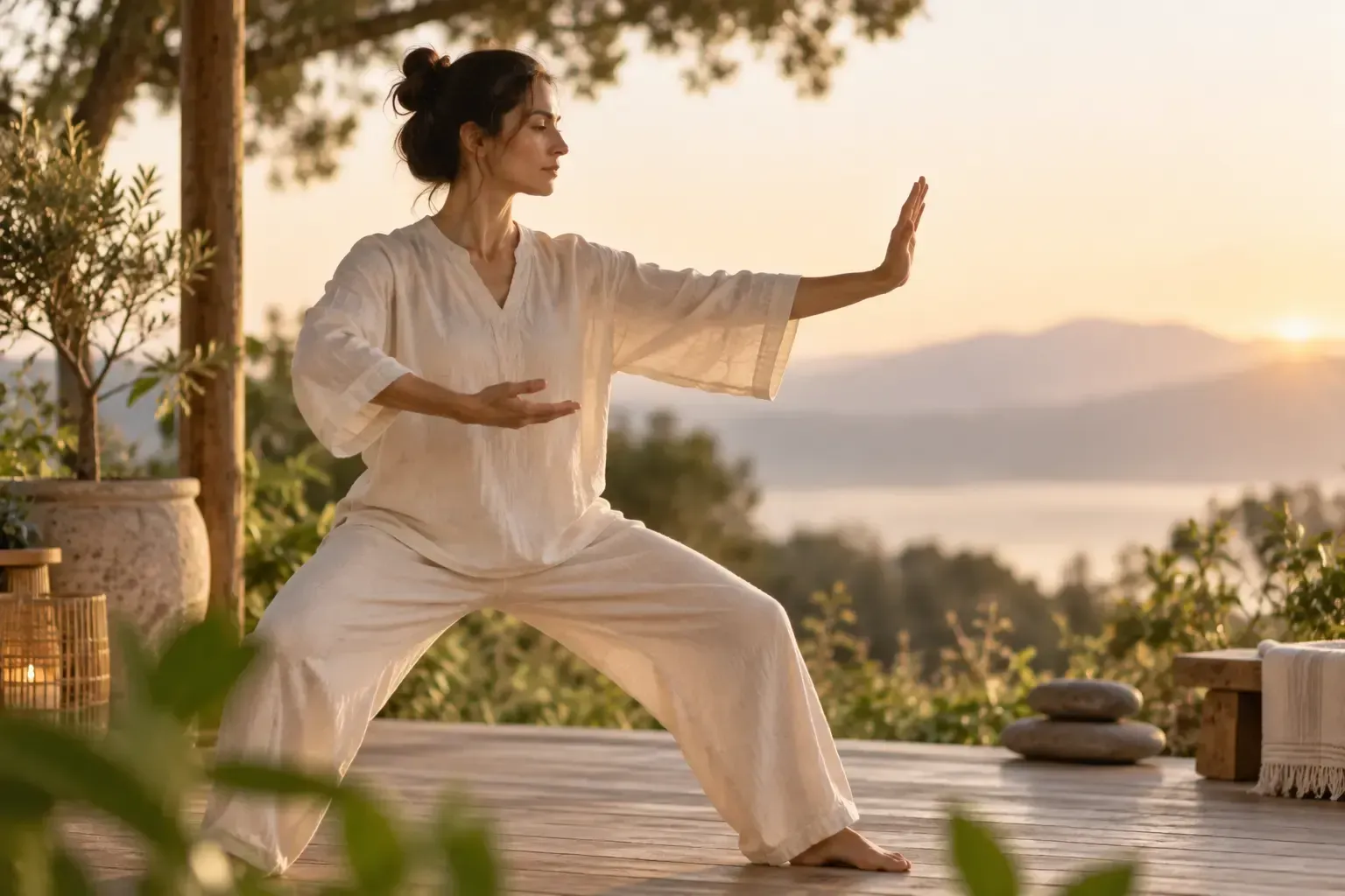Mujer practicando Chi Kung al aire libre mediante movimientos lentos y conscientes