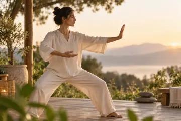 Una persona practica tai chi en una terraza de madera al amanecer, con montañas y agua de fondo.