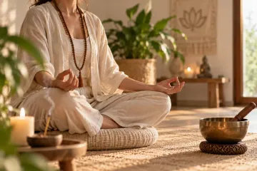 Una persona medita con las piernas cruzadas en una habitación acogedora con luz cálida, velas, plantas y un cuenco tibetano.